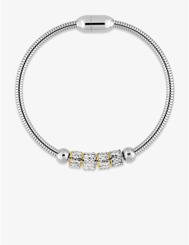 Bracelet serpentine acier, anneaux bicolores et cristaux blancs