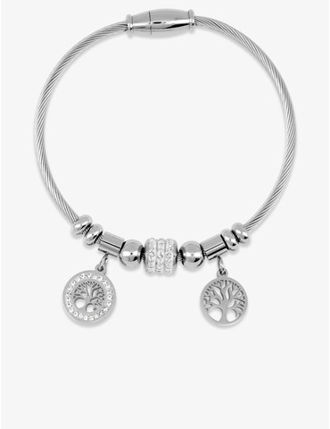 Bracelet câble acier, breloques arbre de vie et cristaux blancs