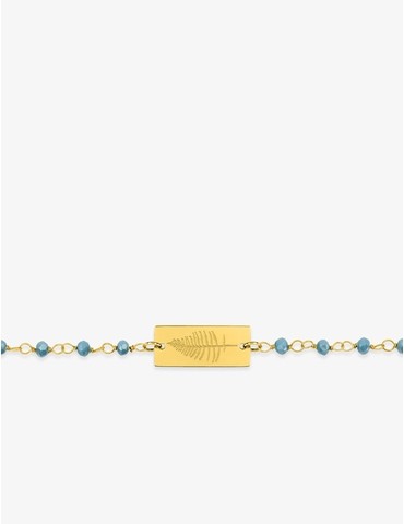 Bracelet fantaisie cristal turquoise, petite chaîne et plaque en acier doré