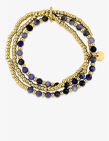 Bracelet élastique 3 rangs, acier doré et lapis-lazuli bleu
