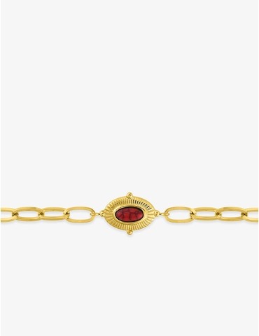 Bracelet alternée acier doré et motif ovale, turquoise rouge synthétique