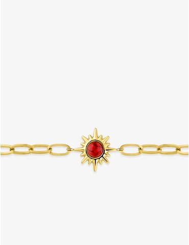 Bracelet acier doré maille alternée et turquoise rouge synthétique 19 cm