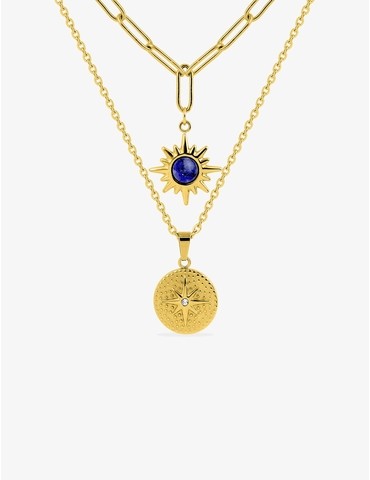 Collier pendentif double en acier doré et lapis-lazuli bleu synthétique
