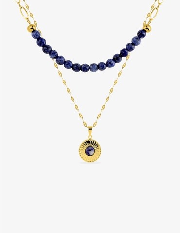 Collier pendentif double acier doré et lapis-lazuli bleu, chaine fantaisie