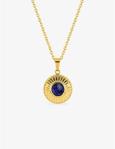 Collier pendentif fantaisie acier doré, motif et lapis-lazuli bleu