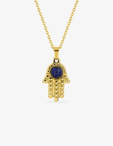 Collier acier doré pendentif main de Fatma, lapis-lazuli bleu