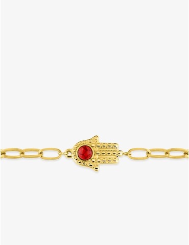 Bracelet acier doré motif main de Fatma et turquoise rouge