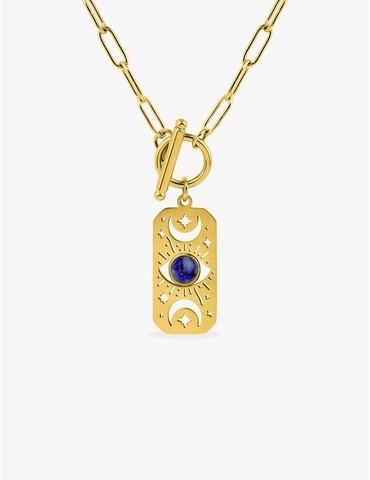 Collier acier doré pendentif lapis-lazuli bleue