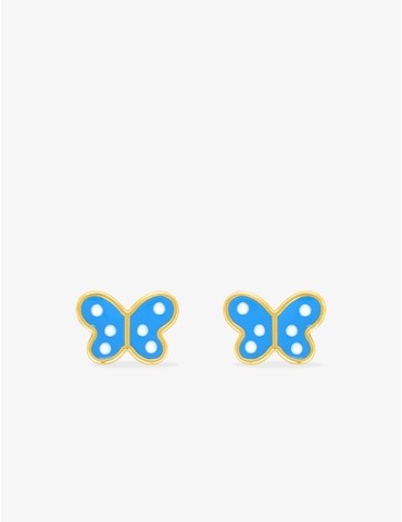 Boucles d'oreilles clous papillon or jaune 750 ‰ et laque bleu/blanc