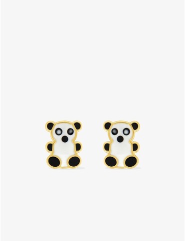 Boucles d'oreilles clous panda or jaune 750 ‰ et laque noire et blanche