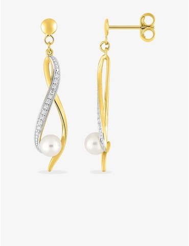 Boucles d'oreilles pendantes or jaune 375 ‰, rhodium, diamant 0,01 ct et perle de culture d'eau douce
